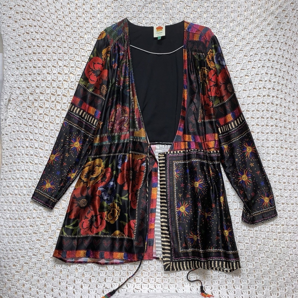 Farm‎ Rio Mini Wrap Dress Women L Black Floral Mixed Arabesque Scarves Long Slv - Picture 2 of 16